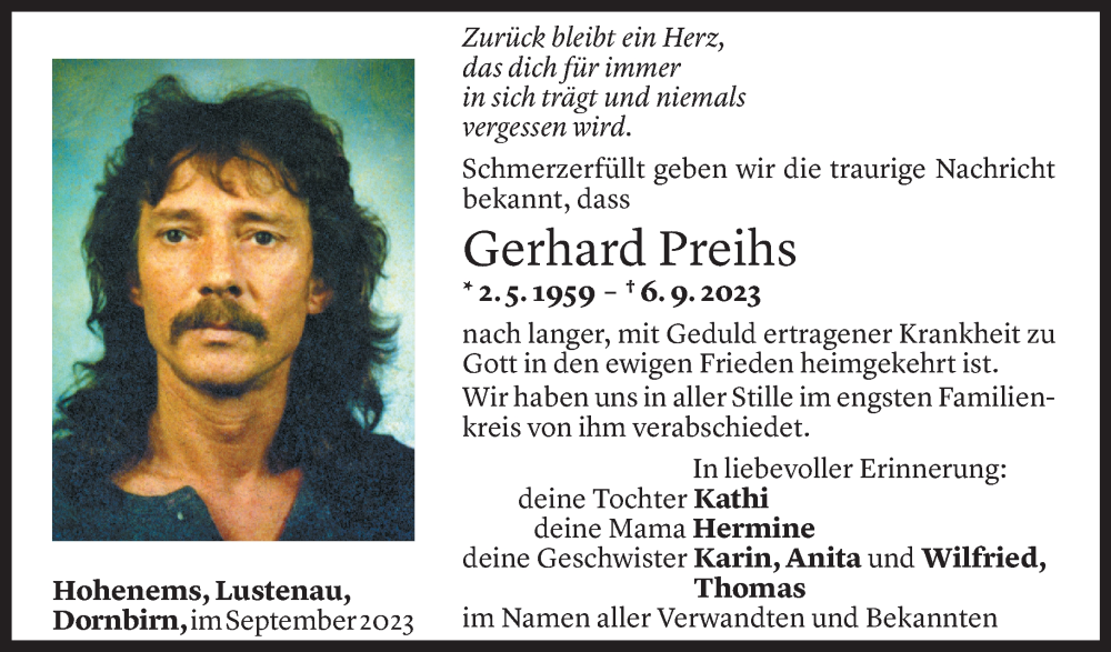  Todesanzeige für Gerhard Preihs vom 19.09.2023 aus Vorarlberger Nachrichten