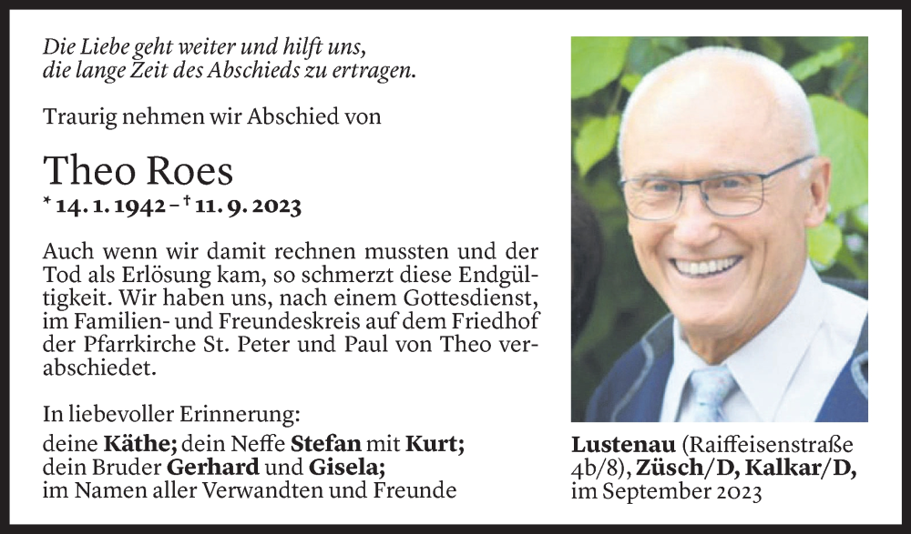  Todesanzeige für Theo Roes vom 16.09.2023 aus Vorarlberger Nachrichten