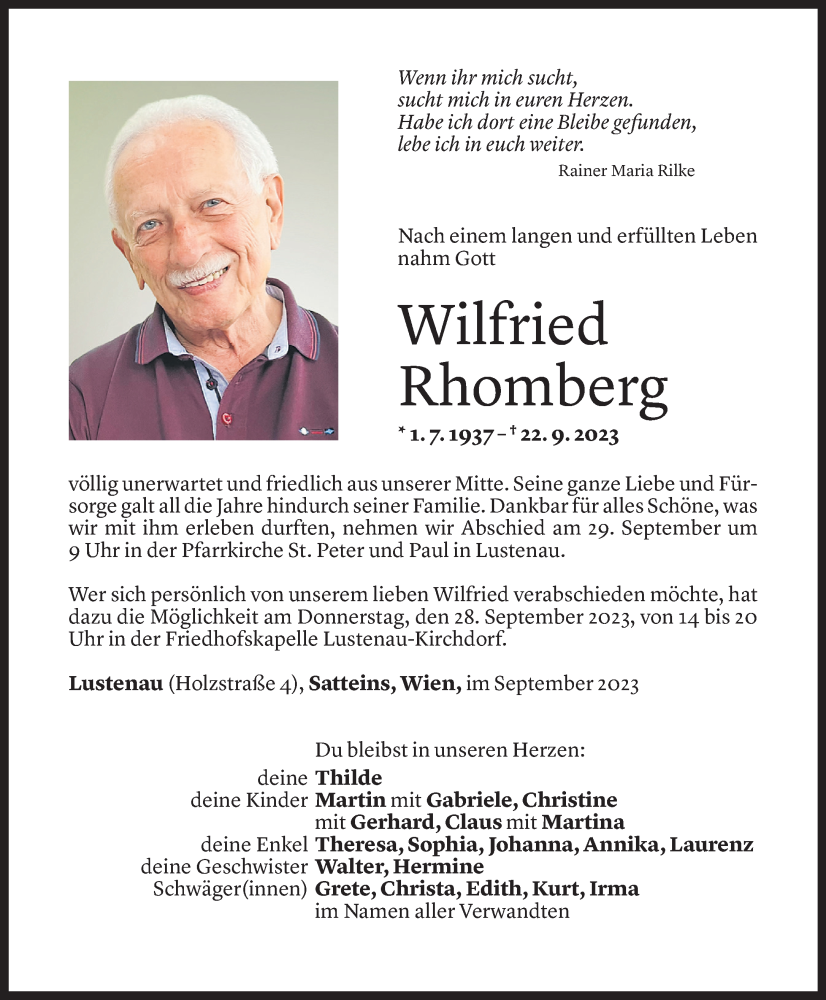  Todesanzeige für Wilfried Rhomberg vom 26.09.2023 aus Vorarlberger Nachrichten