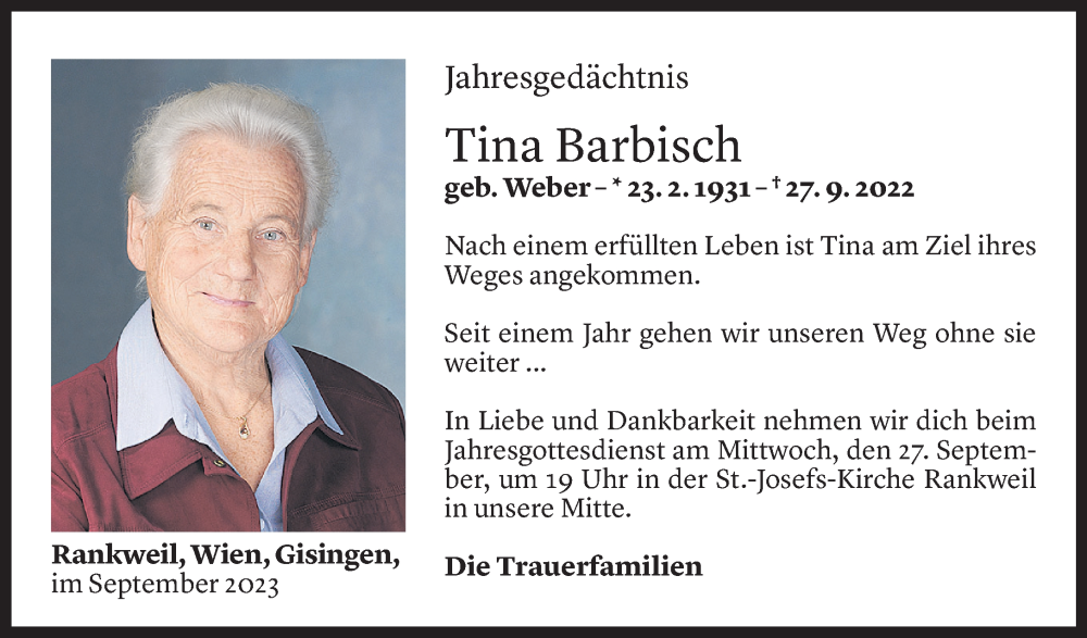  Todesanzeige für Tina Barbisch vom 22.09.2023 aus Vorarlberger Nachrichten