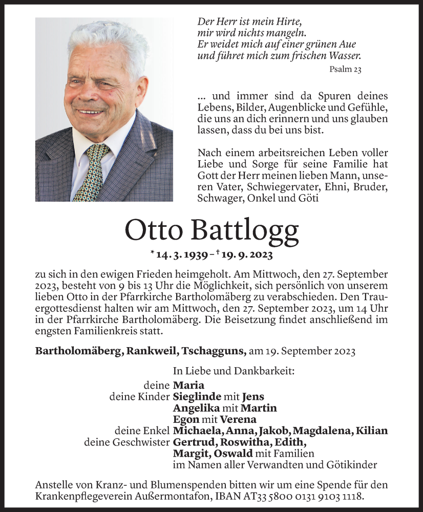  Todesanzeige für Otto Battlogg vom 23.09.2023 aus Vorarlberger Nachrichten