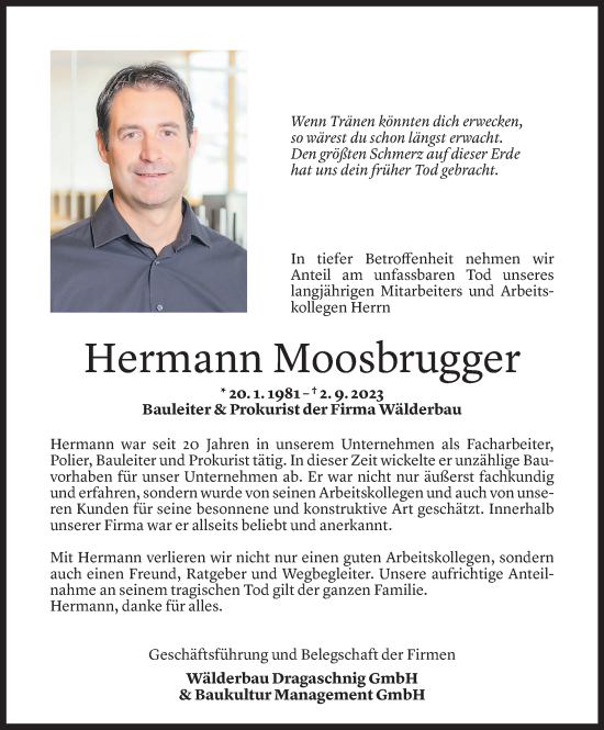 Todesanzeige von Hermann Moosbrugger von Vorarlberger Nachrichten