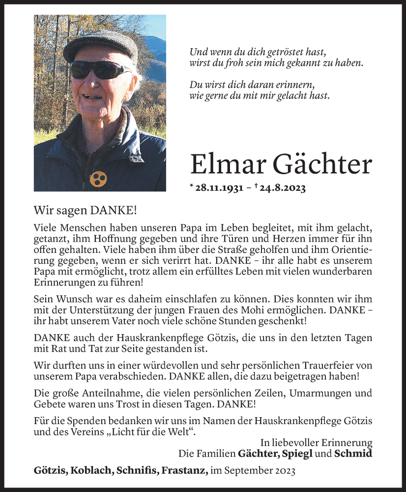  Todesanzeige für Elmar Gächter vom 16.09.2023 aus Vorarlberger Nachrichten