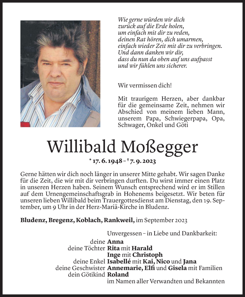  Todesanzeige für Willibald Moßegger vom 16.09.2023 aus Vorarlberger Nachrichten
