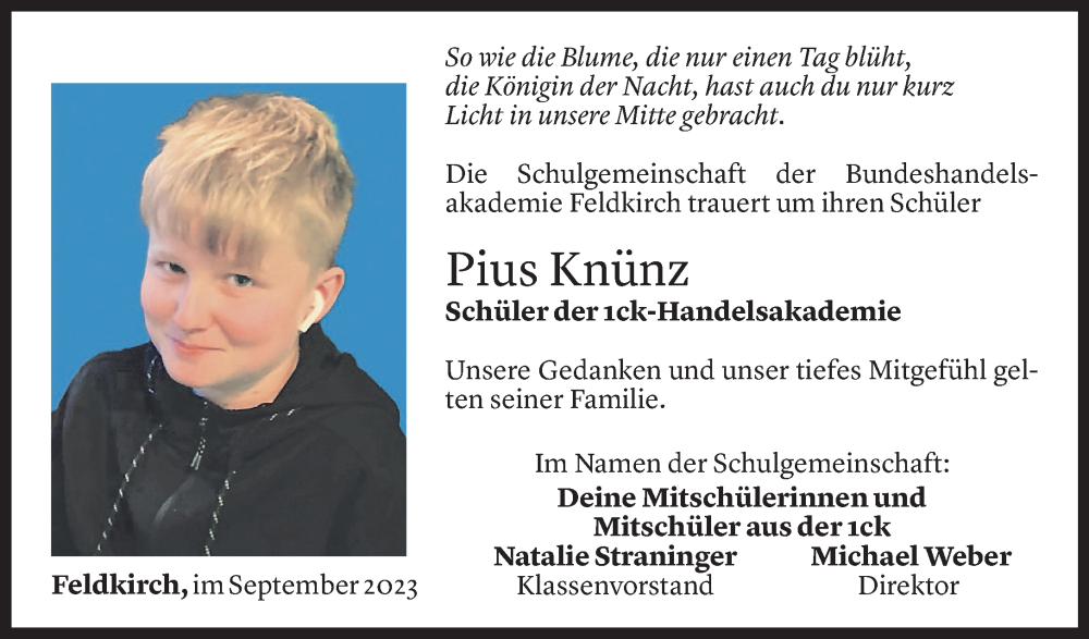  Todesanzeige für Pius Knünz vom 30.09.2023 aus Vorarlberger Nachrichten