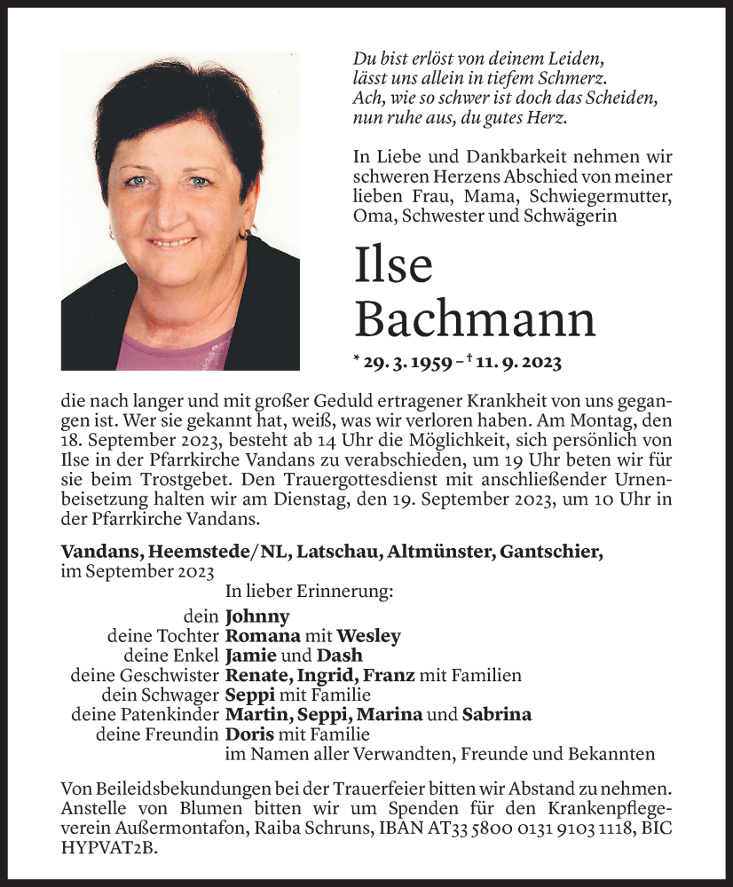  Todesanzeige für Ilse Bachmann vom 15.09.2023 aus Vorarlberger Nachrichten