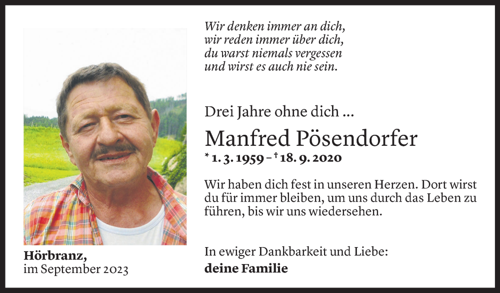  Todesanzeige für Manfred Pösendorfer vom 18.09.2023 aus Vorarlberger Nachrichten
