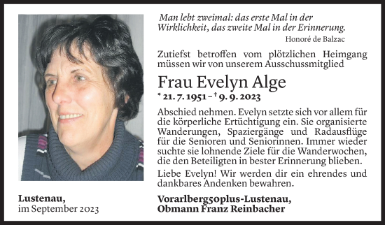 Todesanzeige von Evelyn Alge von Vorarlberger Nachrichten