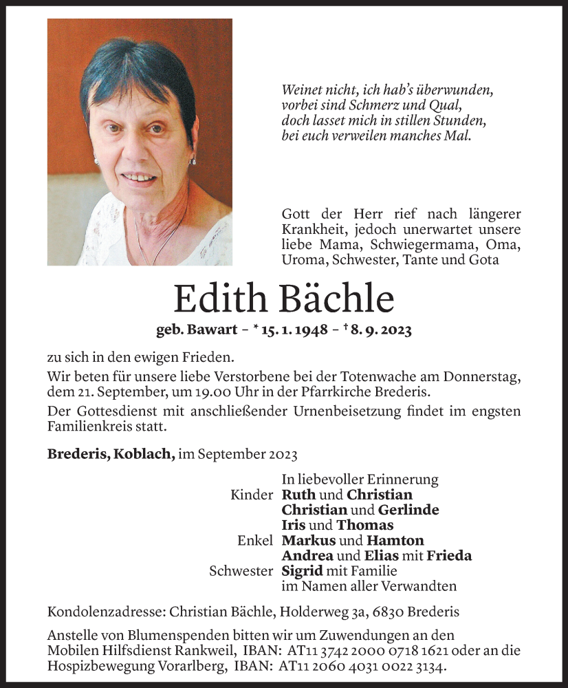  Todesanzeige für Edith Bächle vom 18.09.2023 aus Vorarlberger Nachrichten