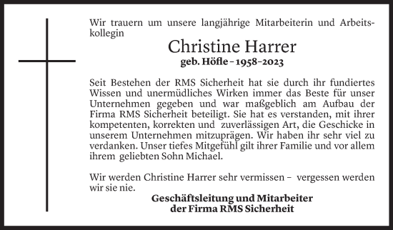 Todesanzeige von Christine Harrer von Vorarlberger Nachrichten