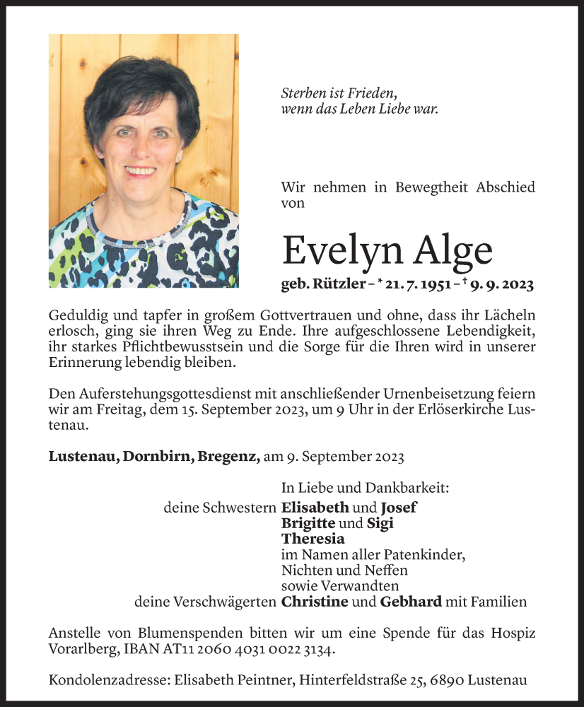  Todesanzeige für Evelyn Alge vom 12.09.2023 aus Vorarlberger Nachrichten