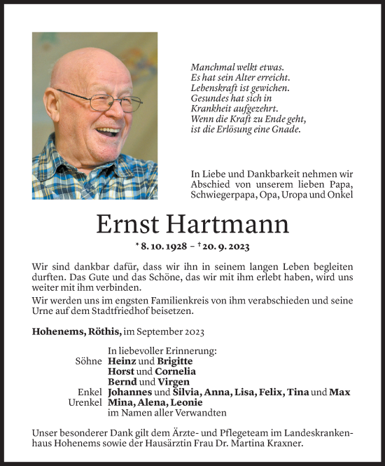 Todesanzeige von Ernst Hartmann von Vorarlberger Nachrichten