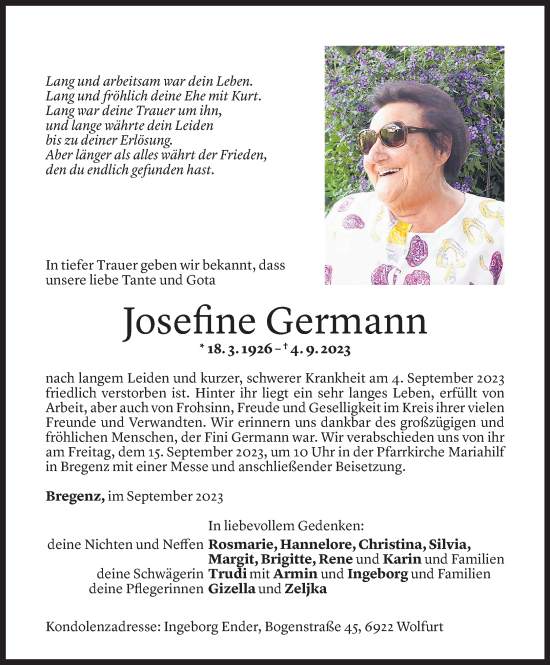 Todesanzeige von Josefine Germann von Vorarlberger Nachrichten