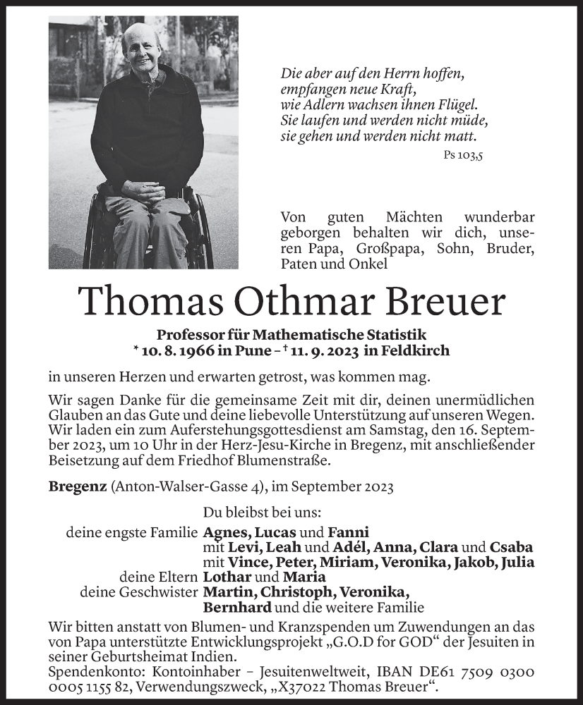  Todesanzeige für Thomas Breuer vom 14.09.2023 aus Vorarlberger Nachrichten