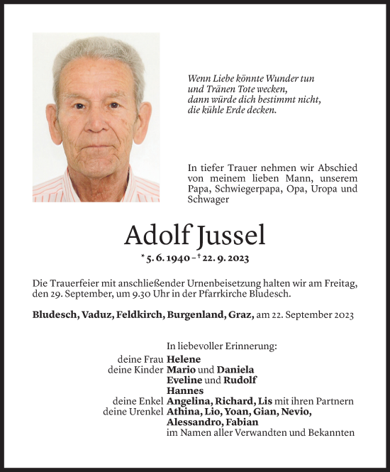 Todesanzeige von Adolf Jussel von Vorarlberger Nachrichten