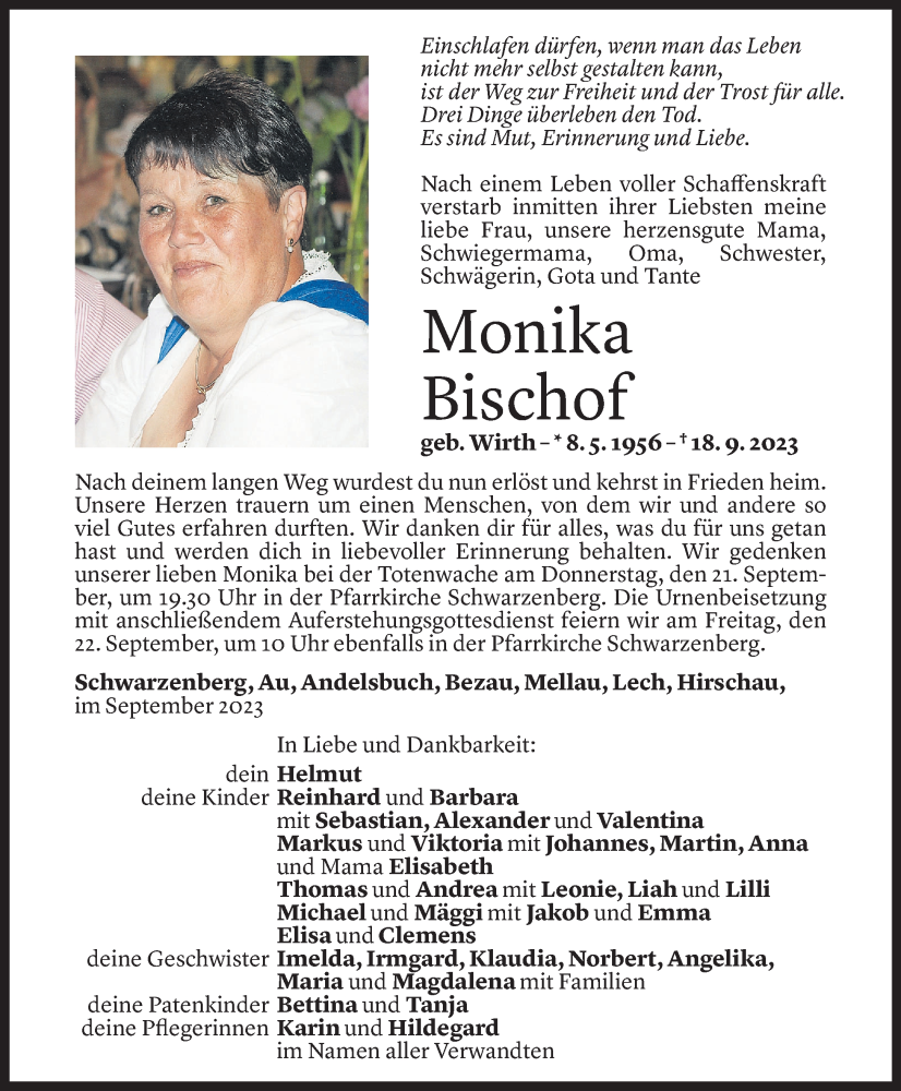  Todesanzeige für Monika Bischof vom 19.09.2023 aus Vorarlberger Nachrichten