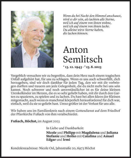 Todesanzeige von Anton Semlitsch von Vorarlberger Nachrichten