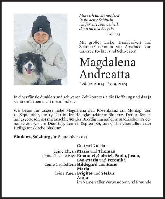 Todesanzeige von Magdalena Andreatta von Vorarlberger Nachrichten