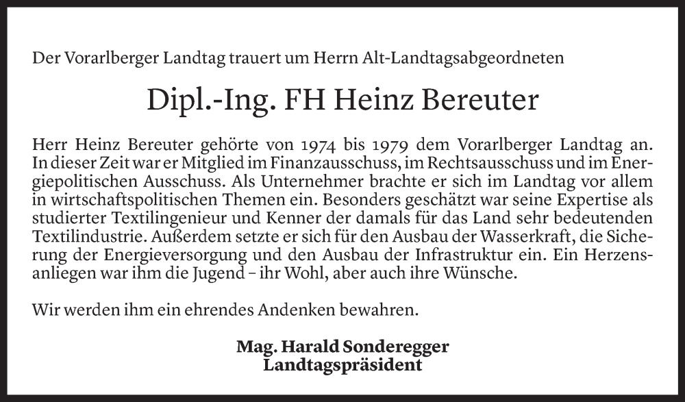  Todesanzeige für Heinz Bereuter vom 07.09.2023 aus Vorarlberger Nachrichten
