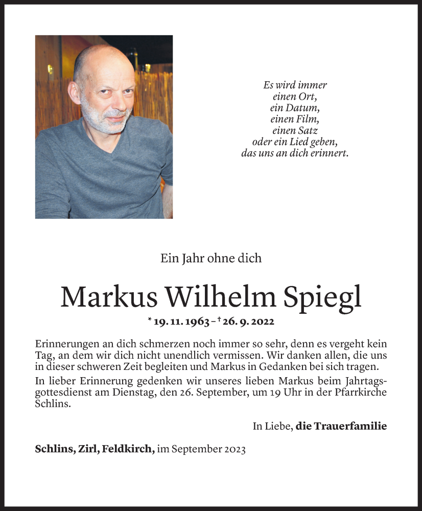  Todesanzeige für Markus Spiegl vom 24.09.2023 aus Vorarlberger Nachrichten