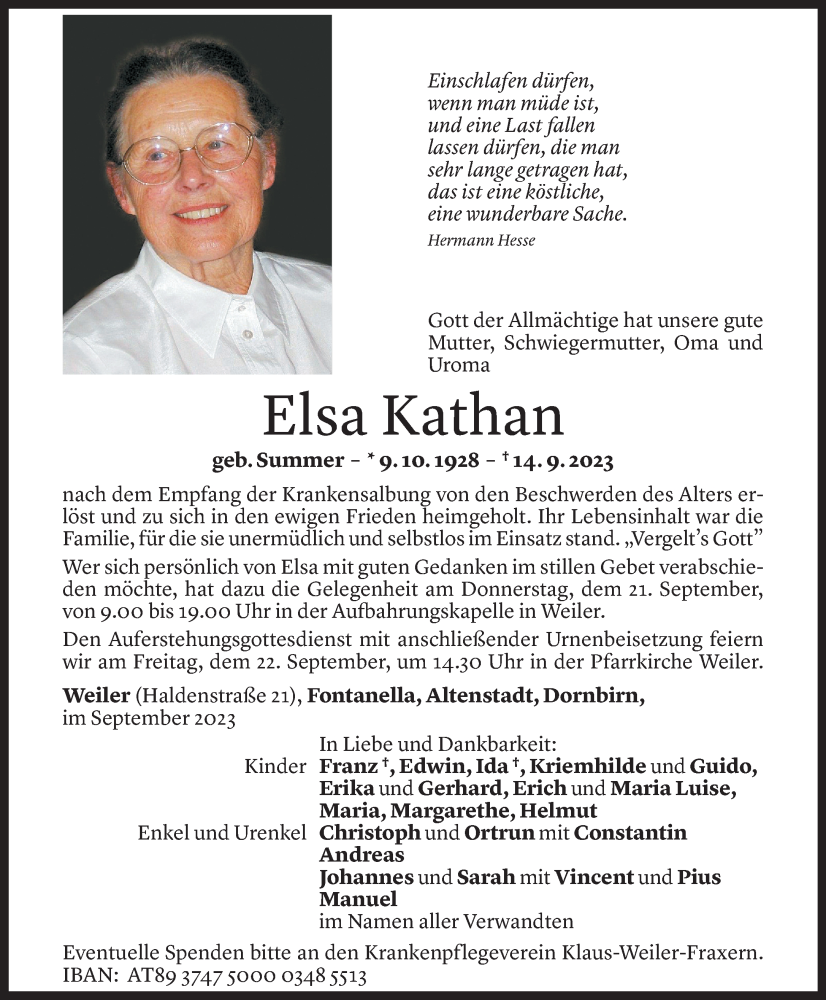  Todesanzeige für Elsa Kathan vom 19.09.2023 aus Vorarlberger Nachrichten