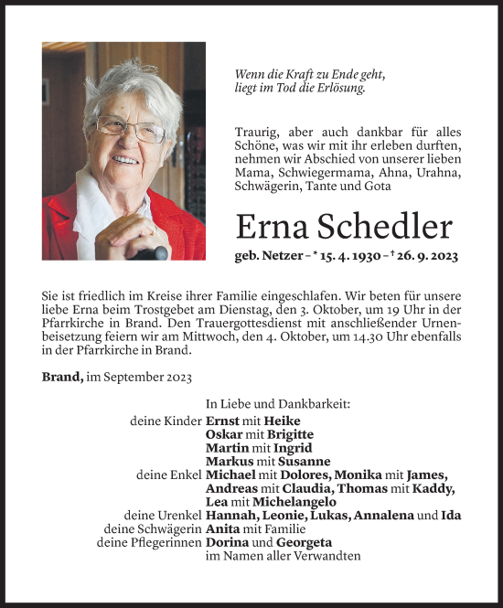 Todesanzeige von Erna Schedler von Vorarlberger Nachrichten