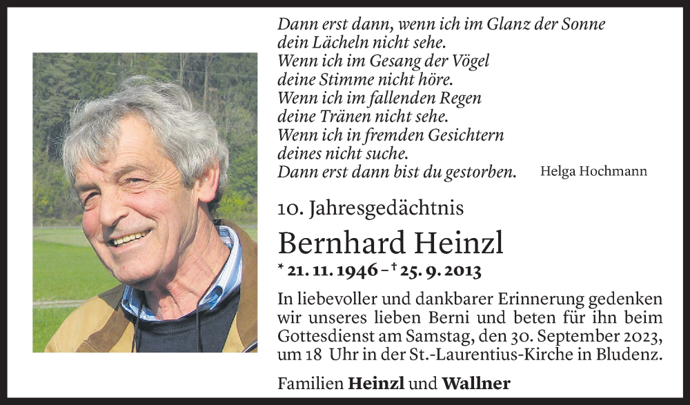  Todesanzeige für Bernhard Heinzl vom 22.09.2023 aus Vorarlberger Nachrichten