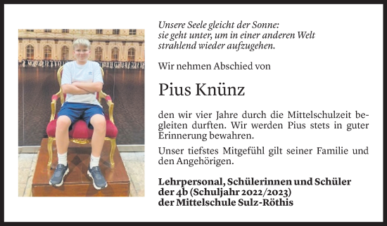 Todesanzeige von Pius Knünz von Vorarlberger Nachrichten