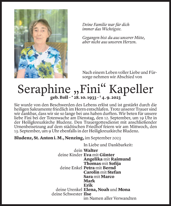 Todesanzeige von Seraphine Kapeller von Vorarlberger Nachrichten