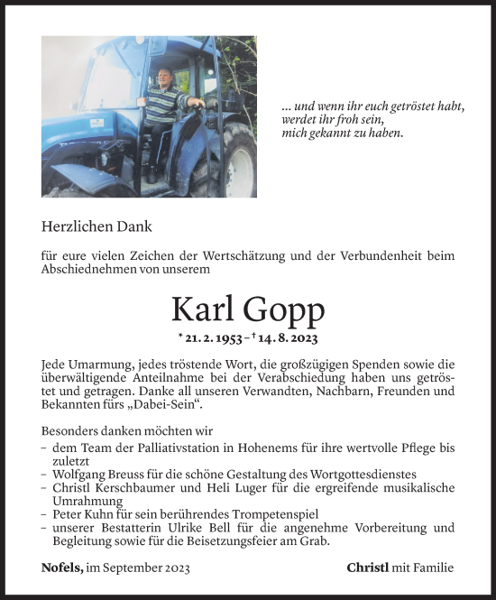 Todesanzeige von Karl Gopp von Vorarlberger Nachrichten