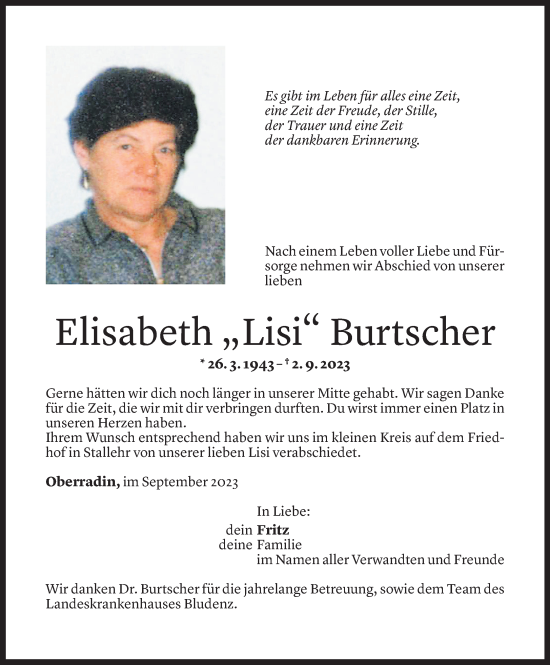 Todesanzeige von Elisabeth Burtscher von Vorarlberger Nachrichten