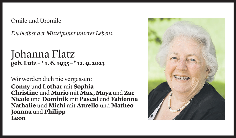  Todesanzeige für Johanna Flatz vom 16.09.2023 aus Vorarlberger Nachrichten