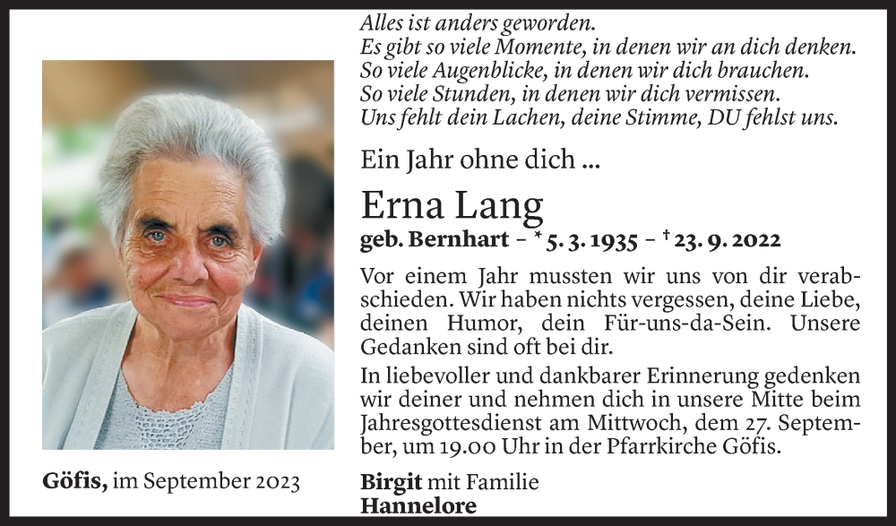  Todesanzeige für Erna Lang vom 23.09.2023 aus Vorarlberger Nachrichten