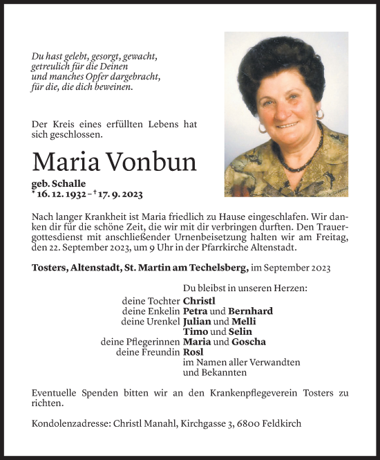 Todesanzeige von Maria Vonbun von Vorarlberger Nachrichten