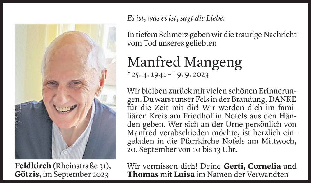  Todesanzeige für Manfred Mangeng vom 15.09.2023 aus Vorarlberger Nachrichten