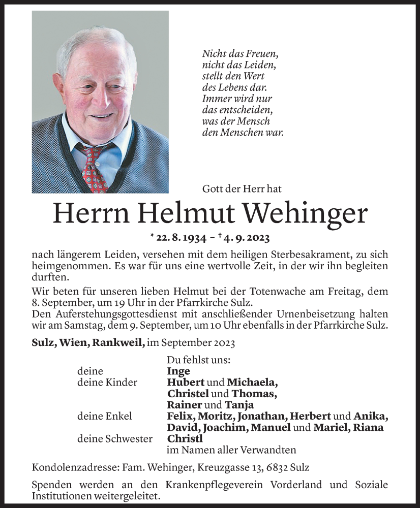  Todesanzeige für Helmut Wehinger vom 07.09.2023 aus Vorarlberger Nachrichten