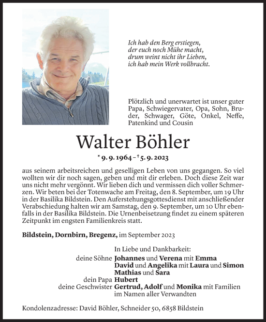 Todesanzeige von Walter Böhler von Vorarlberger Nachrichten