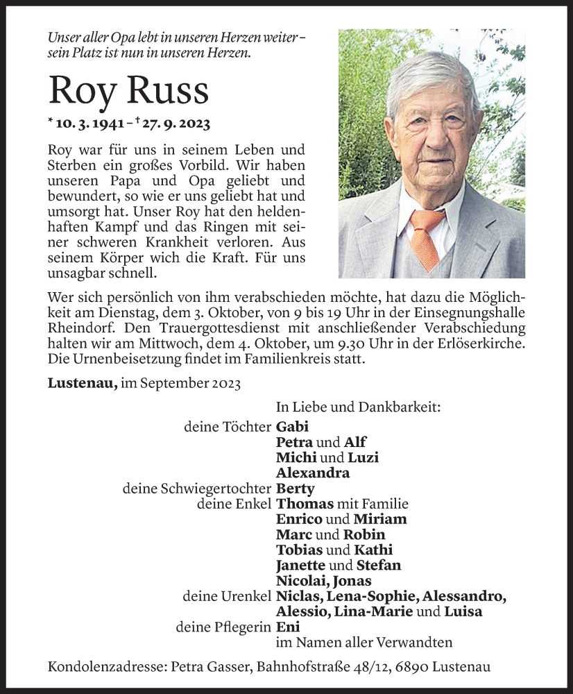 Todesanzeige für Roy Russ vom 29.09.2023 aus Vorarlberger Nachrichten