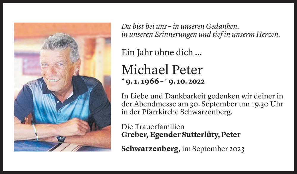  Todesanzeige für Michael Peter vom 24.09.2023 aus Vorarlberger Nachrichten