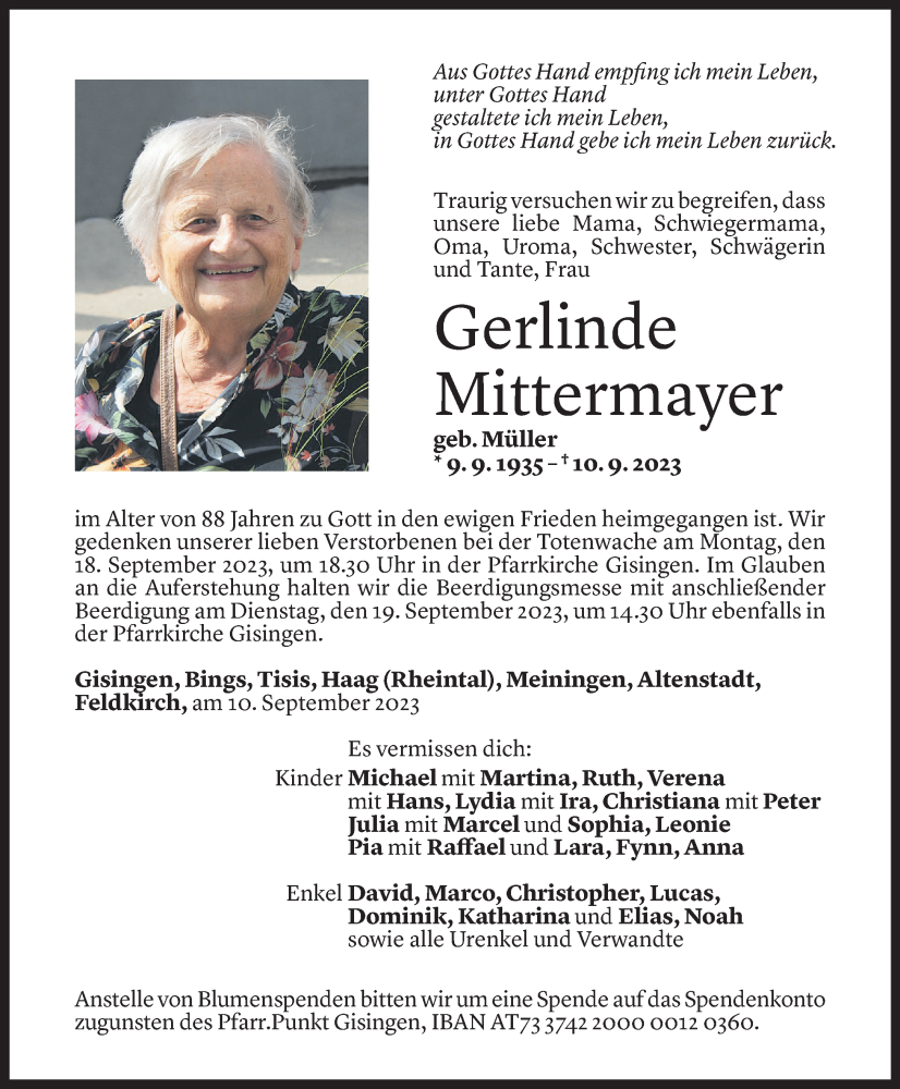  Todesanzeige für Gerlinde Mittermayer vom 15.09.2023 aus Vorarlberger Nachrichten