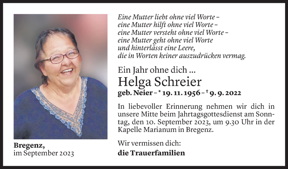  Todesanzeige für Helga Schreier vom 07.09.2023 aus Vorarlberger Nachrichten