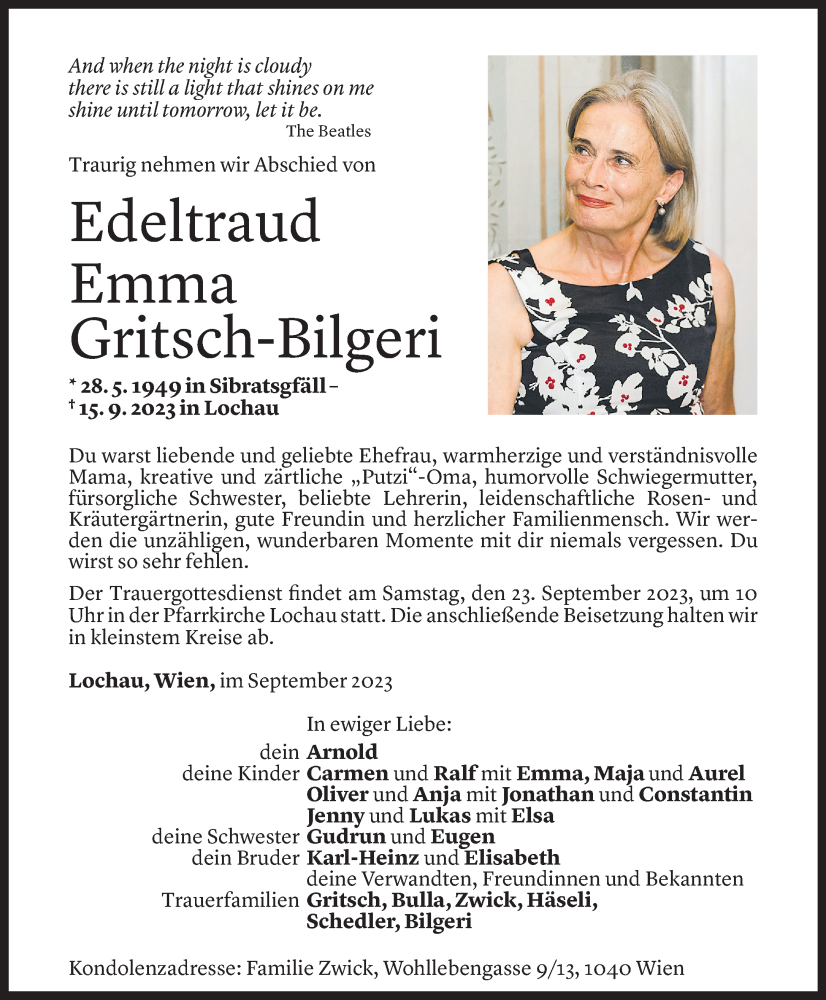  Todesanzeige für Edeltraud Gritsch-Bilgeri vom 19.09.2023 aus Vorarlberger Nachrichten