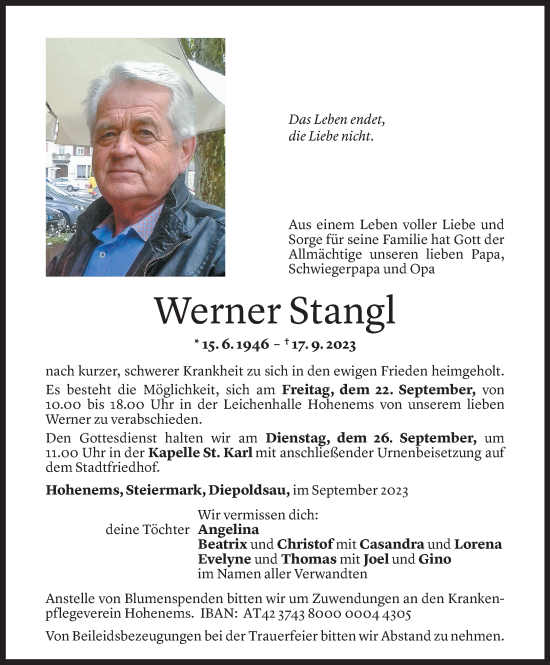 Todesanzeige von Werner Stangl von Vorarlberger Nachrichten