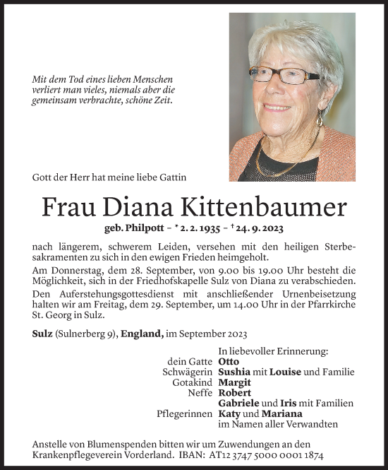 Todesanzeige von Diana Kittenbaumer von Vorarlberger Nachrichten