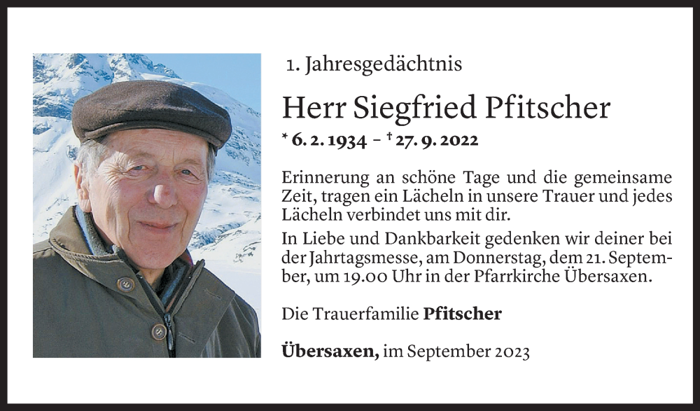  Todesanzeige für Siegfried Pfitscher vom 16.09.2023 aus Vorarlberger Nachrichten