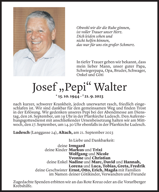 Todesanzeige von Josef Walter von Vorarlberger Nachrichten