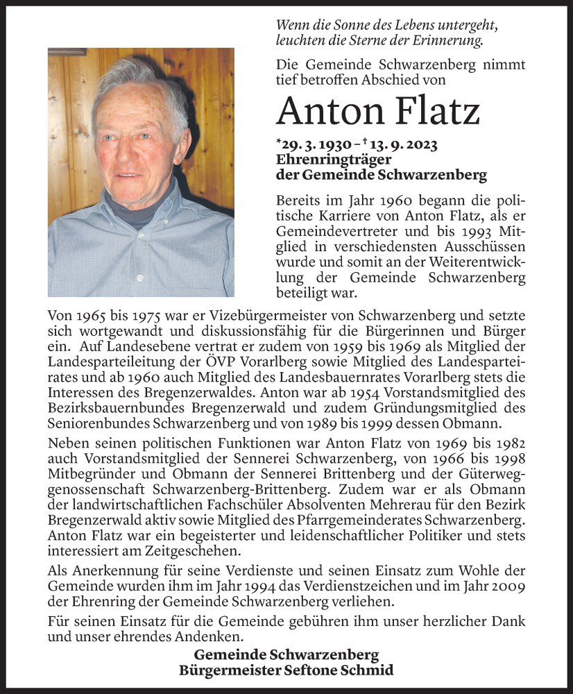  Todesanzeige für Anton Flatz vom 17.09.2023 aus Vorarlberger Nachrichten