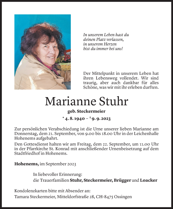 Todesanzeige von Marianne Stuhr von Vorarlberger Nachrichten