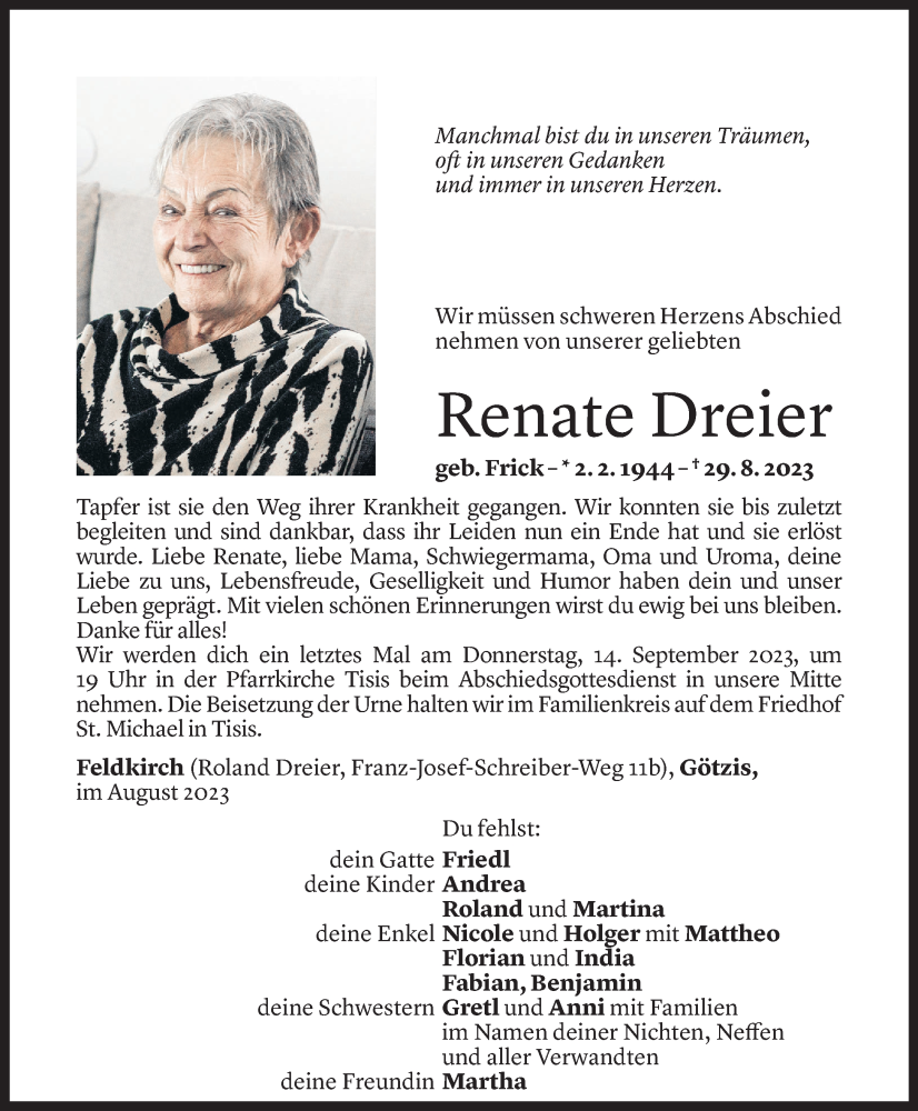  Todesanzeige für Renate Dreier vom 10.09.2023 aus Vorarlberger Nachrichten