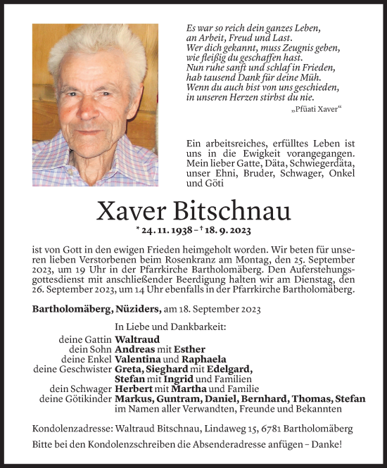 Todesanzeige von Xaver Bitschnau von Vorarlberger Nachrichten